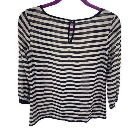 LOFT Womens Blouse Top Long Sleeve Striped Sheer Polyester Black White Size XSP - Picture 2 of 12